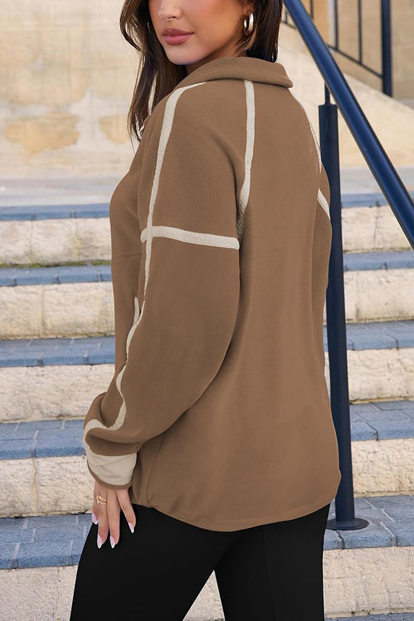 Stylish Color-blocked Trim Loose Casual Pocket Sweatshirt-consonak