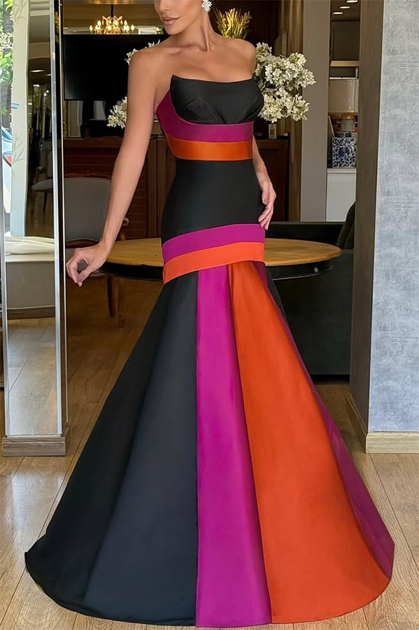 Reina Satin Color-block Strapless Fishtail Flared Hem Porm Maxi Dress-consonak