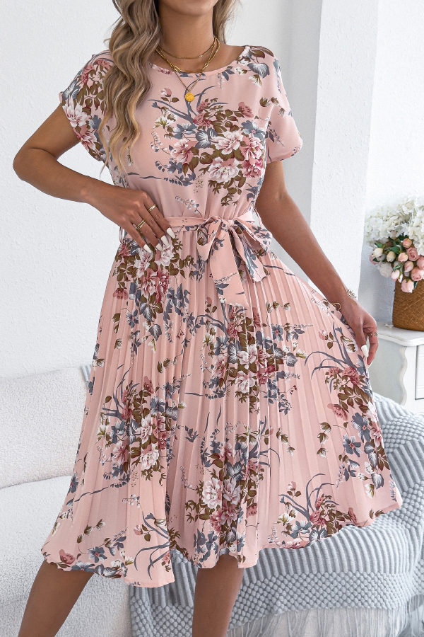 Floral Print Round Neck Fitted Waist Tie Pleated Midi Dress-consonak