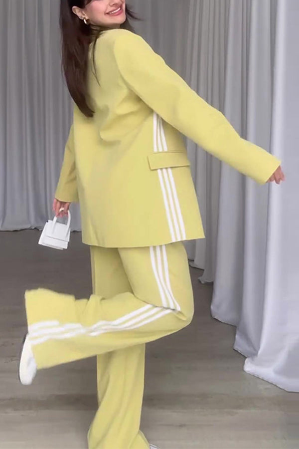 Fresh and Casual Style Striped Trim Lapel Blazer and High Rise Pocket Loose Pants Set-consonak