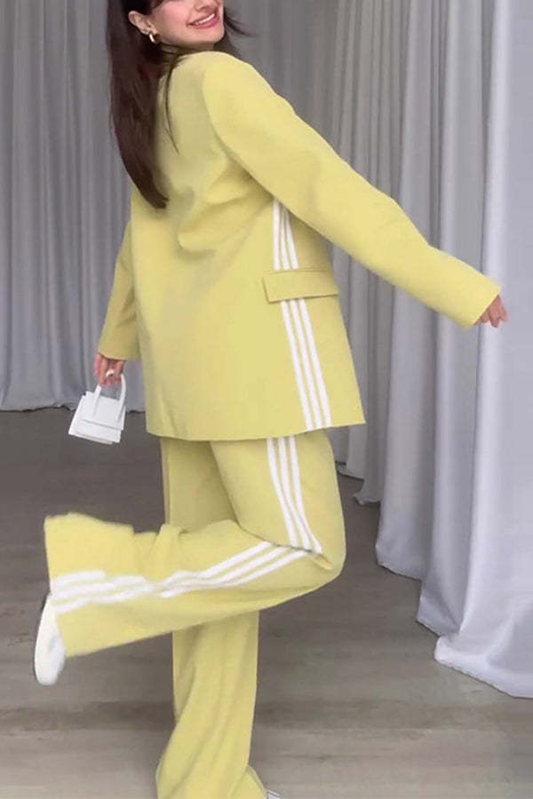 Fresh and Casual Style Striped Trim Lapel Blazer and High Rise Pocket Loose Pants Set-consonak