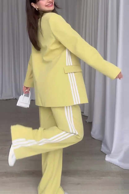 Fresh and Casual Style Striped Trim Lapel Blazer and High Rise Pocket Loose Pants Set-consonak