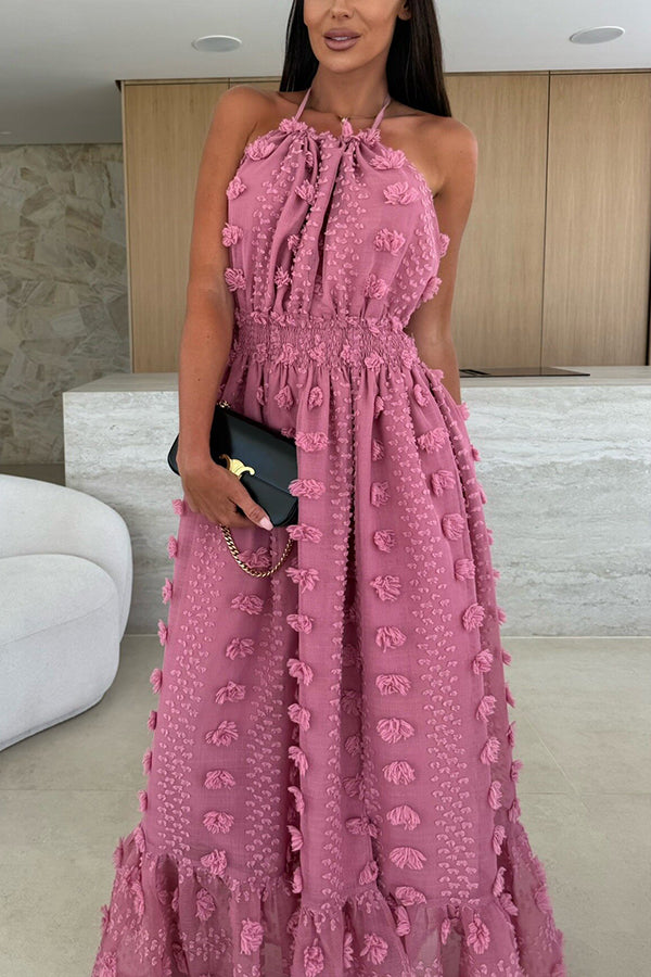 Gloria Embroidery Flowers Elastic Waist Halter Backless Slit Maxi Dress-consonak