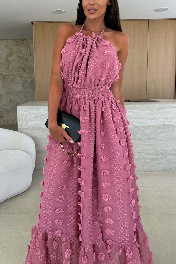 Gloria Embroidery Flowers Elastic Waist Halter Backless Slit Maxi Dress-consonak