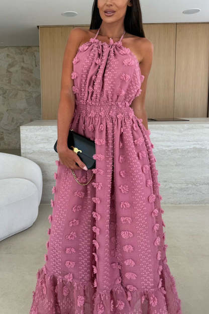 Gloria Embroidery Flowers Elastic Waist Halter Backless Slit Maxi Dress-consonak