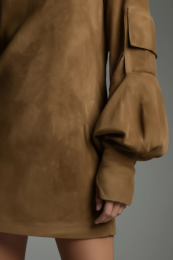 Stylish Suede High-Neck Long-Sleeved Casual Pocket Mini Dress-consonak