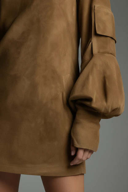 Stylish Suede High-Neck Long-Sleeved Casual Pocket Mini Dress-consonak