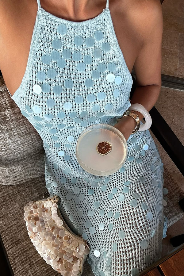 All Shimmer Knit Crochet Sequin Open Back Lace-up Vacation Maxi Dress