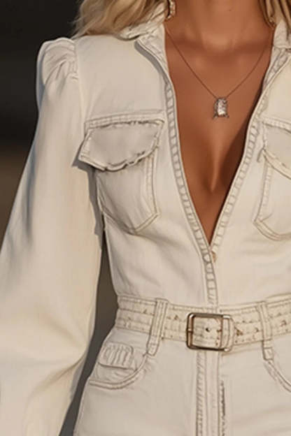 Stylish Long-sleeved Fitted Waist Fringed Hem Denim-style Mini Dress-consonak