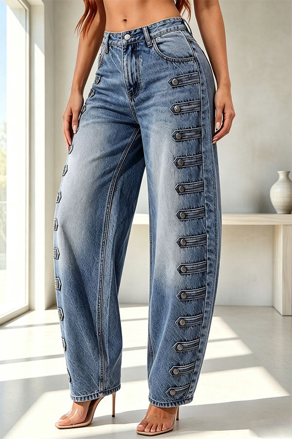 Napoleon-style Denim Metal Buttons Detail High Rise Pocket Loose Jeans-Consonak