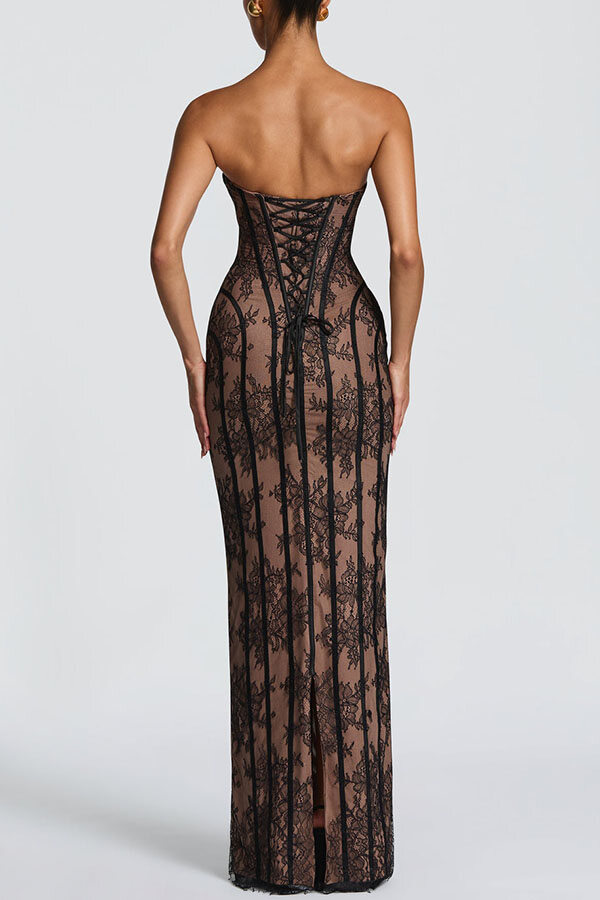 Sian Floral Lace Contrast Structural Detail Back Lace-up Strapless Slit Maxi Dress-consonak