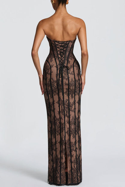 Sian Floral Lace Contrast Structural Detail Back Lace-up Strapless Slit Maxi Dress