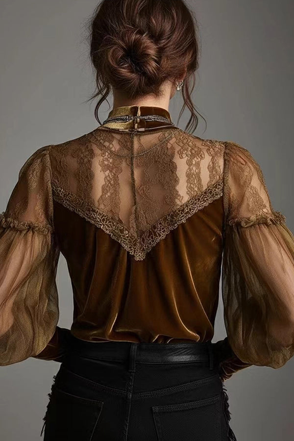 Fashionable Velvet and Mesh Patchwork Casual Long-sleeved Top-consonak