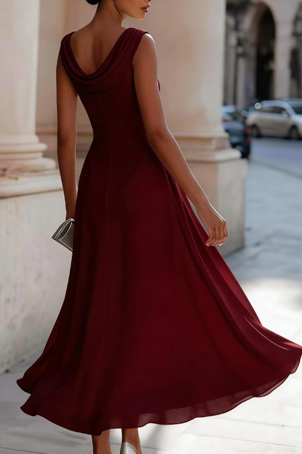 Solid Color Swing Collar Sleeveless Elegant Fitted Waist Full Hem Midi Dress | Consonak