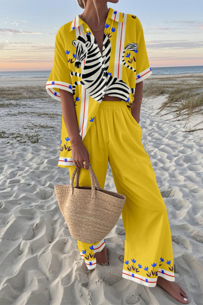 Zebra Print Oversized Shirt and Elastic Waist Pocket Pants Set-consonak
