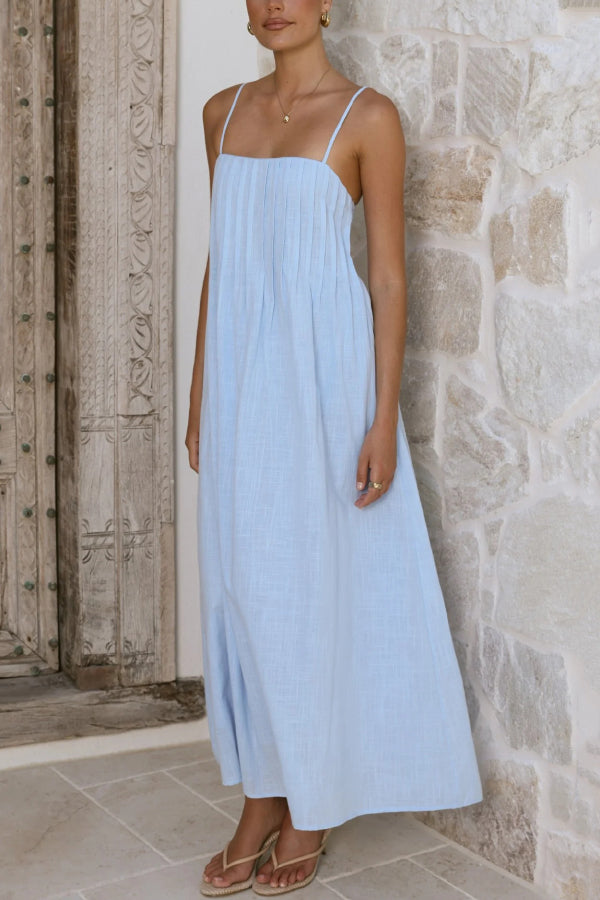 Solid Color Pleated Square Neck Suspender Casual Midi Dress