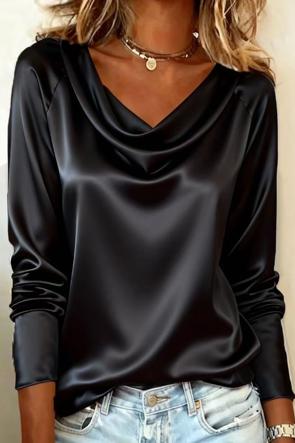 Solid Color Satin Casual Long-sleeved Draped Shirt-consonak