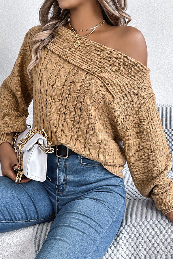Solid Color Casual One Shoulder Long Sleeve Knitted Sweater-consonak