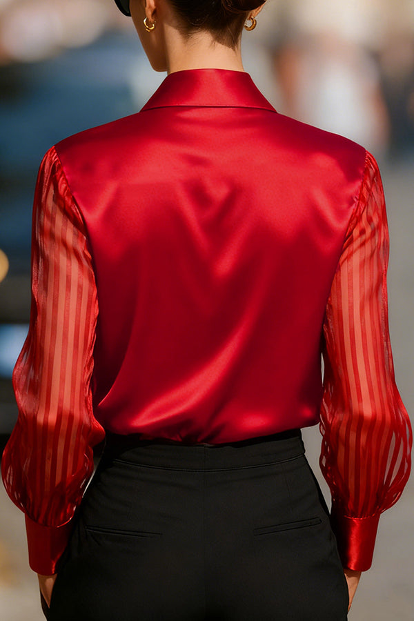 Solid Color Satin Loose-fitting See-through Long-sleeved Casual Shirt-consonak
