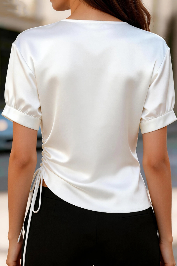 Solid Color Satin V-neck Short-sleeved Side Waist Ruching Casual Top | Consonak