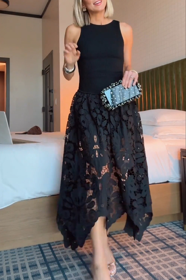 Atlas Asymmetric Ribbed-knit and Guipure Lace Back Zipper Midi Dress-consonak