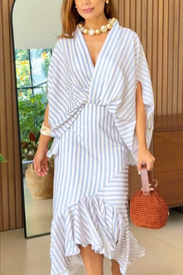 Tierra Striped V-neck Batwing Sleeve Loose Shirt and High Waist Irregular Fishtail Hem Midi Skirt Set
