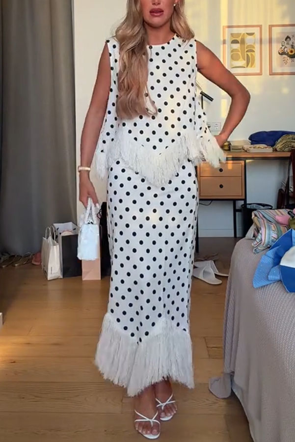 Verrah Linen Blend Polka Dot Print Tassel Trim Elastic Waist Maxi Skirt