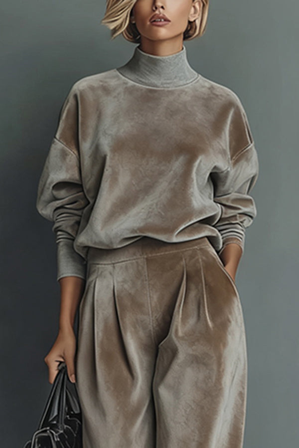 Stylish Velvet Turtleneck Long-sleeved Top and Casual Pocket Wide-leg Pants Set-consonak