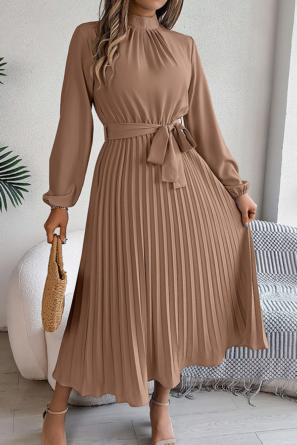 Elegant Stand-collar Long-sleeve Waisted Tie-up Pleated Midi Dress-consonak