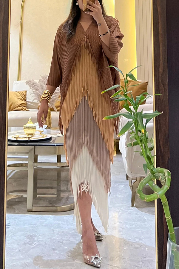 Fashionable Color-blocked Multi-layered Tassel Loose Midi Dress-consonak