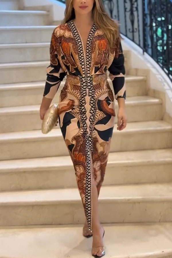 Brazilian Style Unique Print Dolman Long Sleeve Ruched Slit Midi Dress  Vestidos-consonak