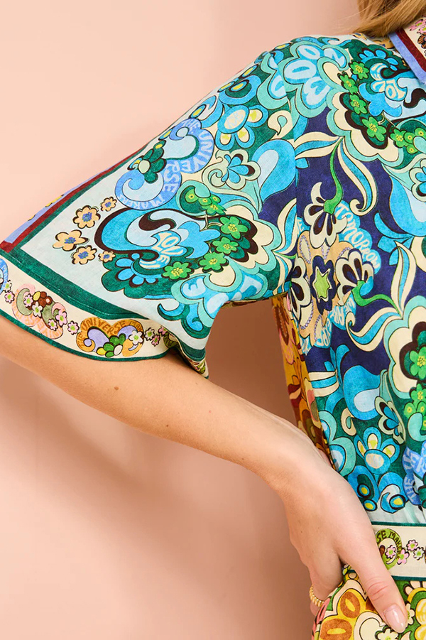 Sasha Linen Blend Unique Printed Shirt Style Tie-waist Mini Dress-consonak