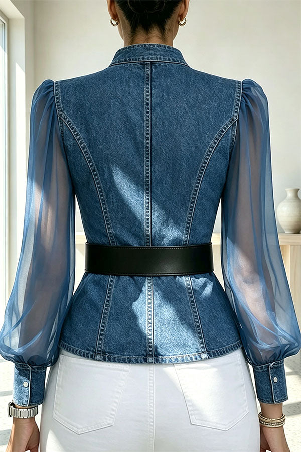 Faux Denim & Sheer Tulle Sculpted Crossover Blouse-Consonak
