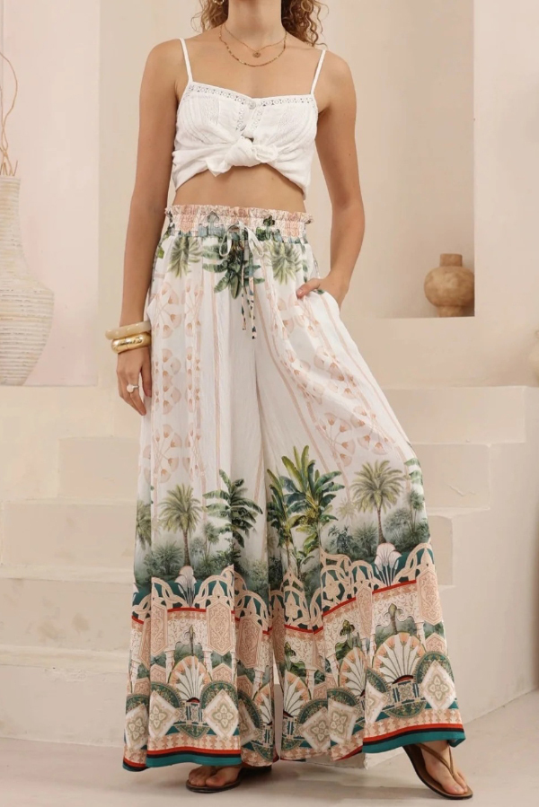 Unique Printed Casual Elastic Waist Pockets Loose Wide-leg Pants-consonak