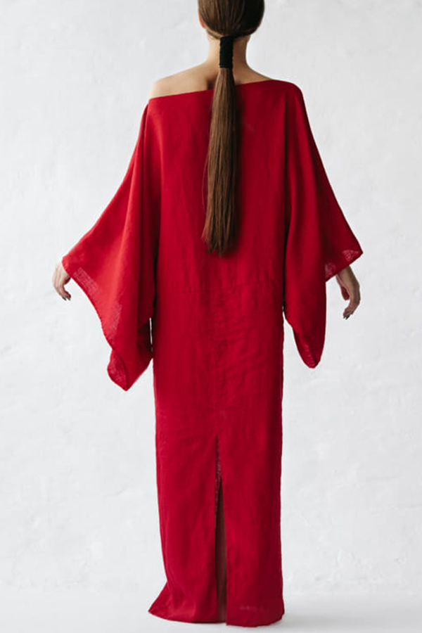 Stacie Linen Blend Wide Neck Batwing Sleeves Tie-up Waist H-line Maxi Dress