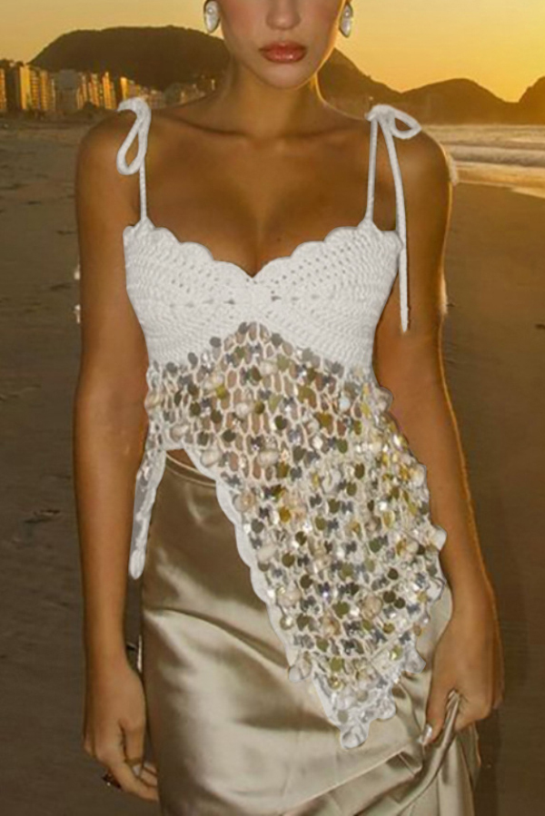 Fashionable Sequined Openwork Vacation Knit Vest-consonak