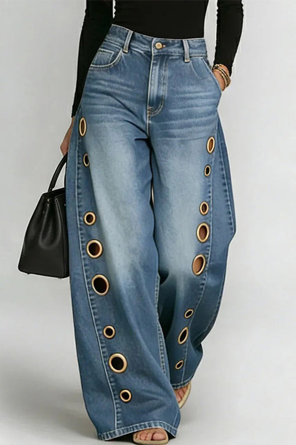 High-Street Edgy Eyelet Cut-Out Baggy Jeans-Consonak