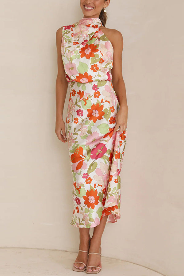 Fascinating Day Floral Halter Neck Elastic Waist Maxi Dress-consonak