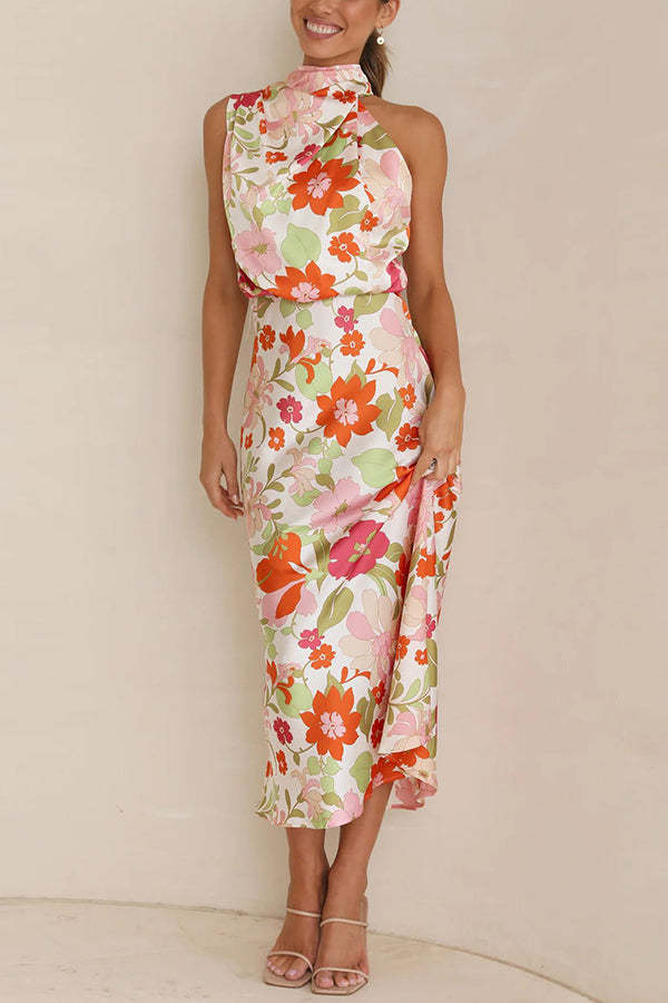Fascinating Day Floral Halter Neck Elastic Waist Maxi Dress-consonak