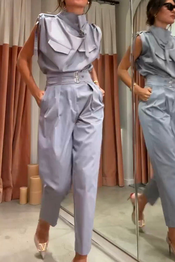 Statement Breast Pocket High Neck Top and Side Pocket Belt Long Pant Set-consonak
