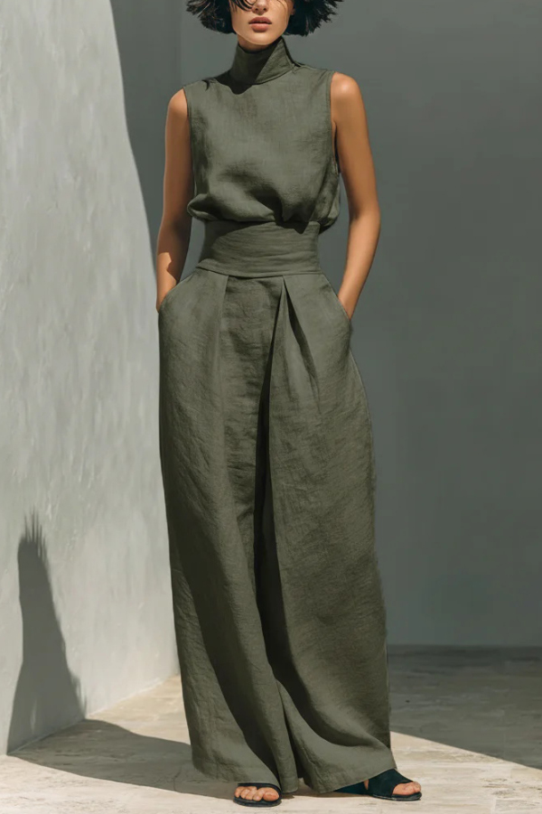 Linen Blend Solid Color Turtleneck Sleeveless Top and Casual High-waisted Elastic Waist Pocket Wide-leg Pants Set