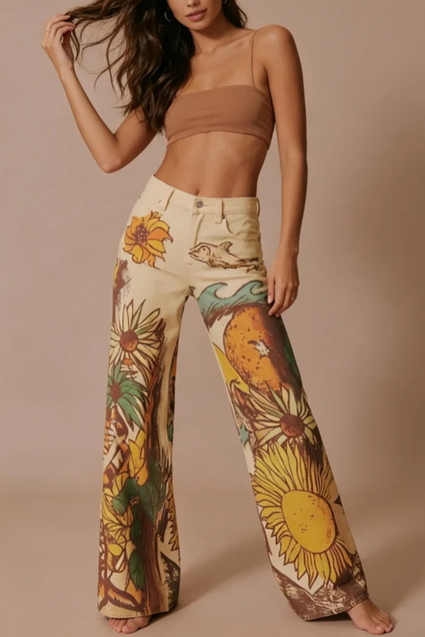 We The Free Denim Playful Doodle Printed Mid Rise Pocket Wide Leg Jeans | Consonak