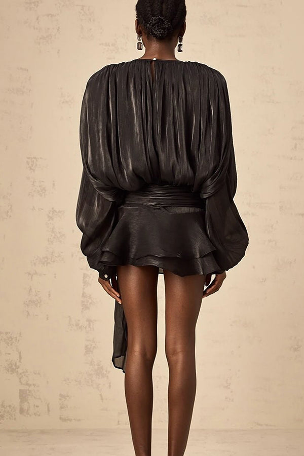 Solid Color Long-sleeved Belted Asymmetrical Mini Dress and Elastic Waist Casual Shorts Set-consonak