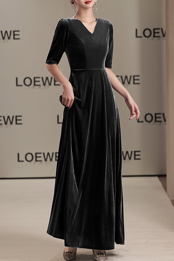 Solid Color Velvet V-neck Fitted Waist Short Sleeve Elegant Maxi Dress-consonak