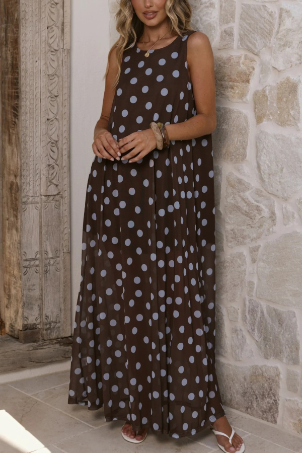 Polka Dot Print Loose Round Neck Sleeveless Mesh Casual Maxi Dress | Consonak