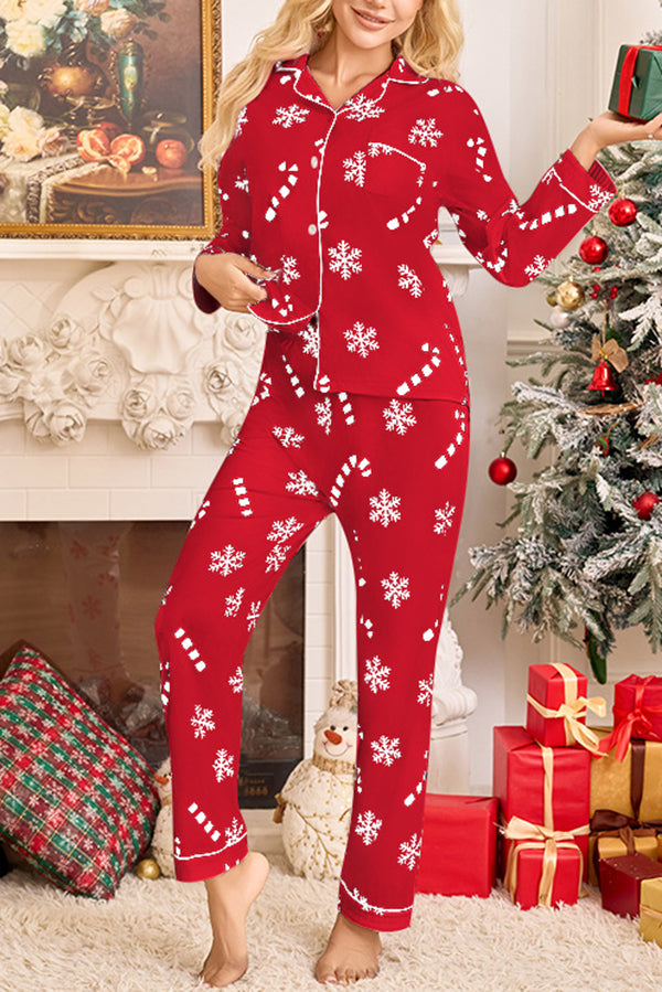 Snowflake Candy Print Casual Long-sleeved Shirt and Elastic Waist Pants Set-consonak