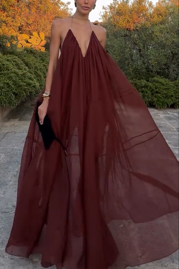 Flowing Lightweight Chiffon Chain Halter Neck Detail Backless A-line Maxi Dress | Consonak