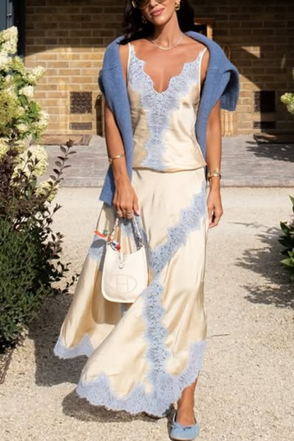 Wine Tasting Contrast Color Satin Lace Trim V-Neck Slip Tank-consonak