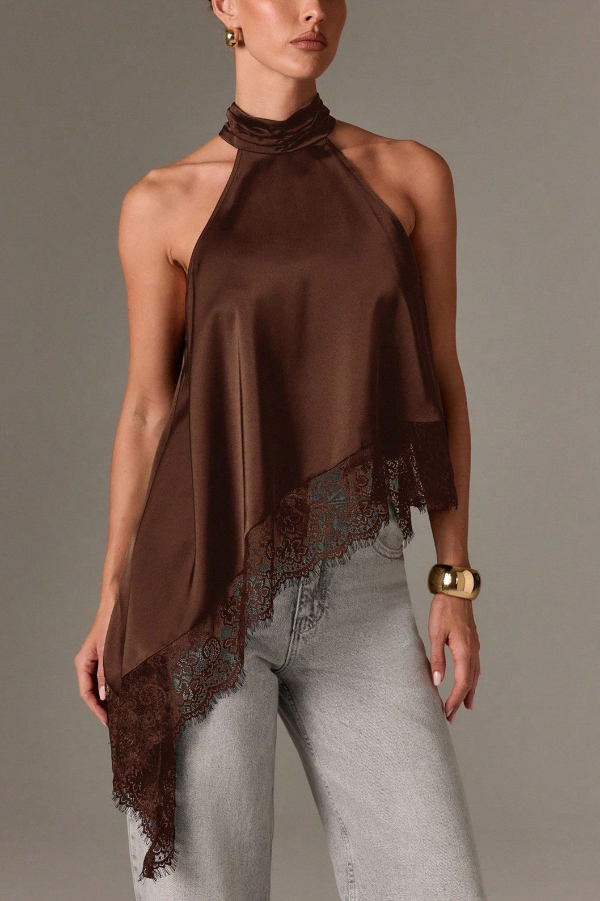 Solid Color Satin Sleeveless Lace Hem Loose Top
