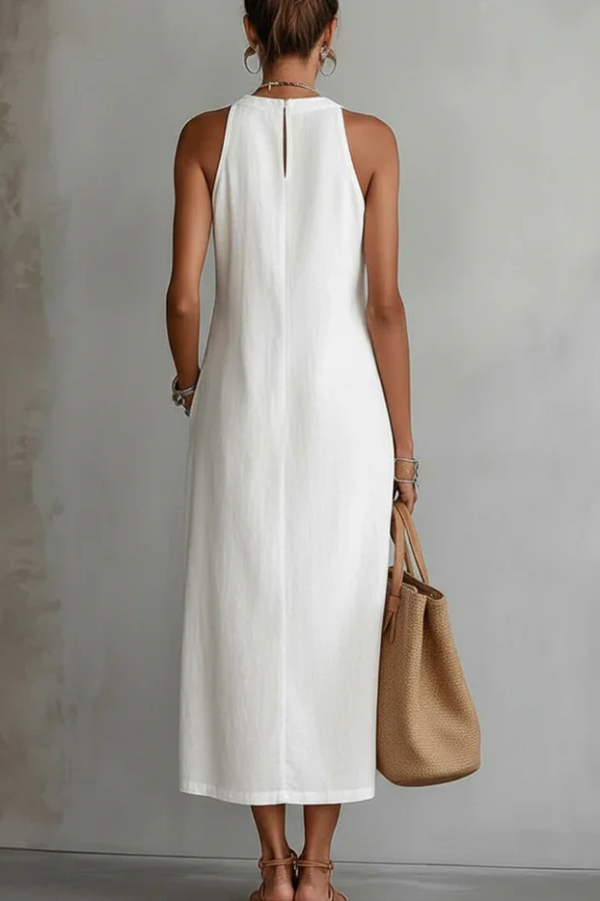 Solid Color Round Neck Sleeveless Casual Pockets Midi Dress